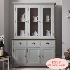 Canterbury Sideboard with Solid Doors and Dresser Top with Glass Doors in Grey and Dark Pine