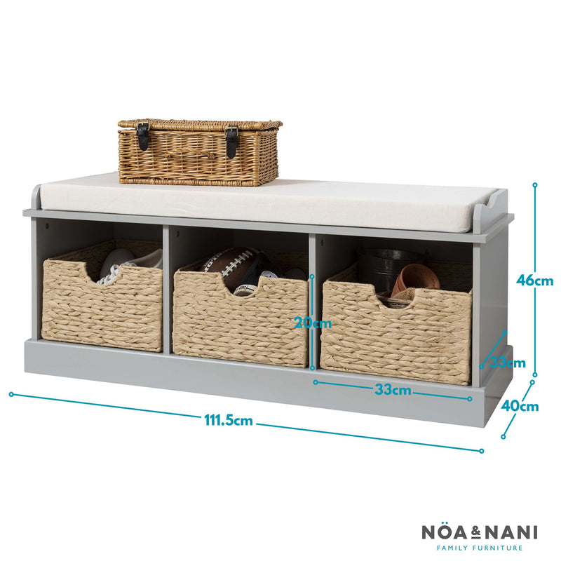 Stockholm Storage Bench with 3 Brown Baskets in Silk Grey