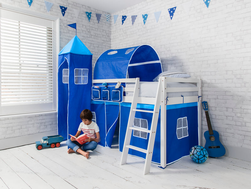 Moro Cabin Bed with Ladder and Brilliant Blue Cotton Tent, Tower & Tunnel in White