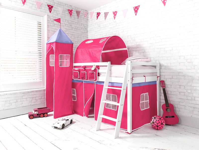 Moro Cabin Bed Midsleeper with Cotton Pink Tent, Tower & Tunnel in Classic White
