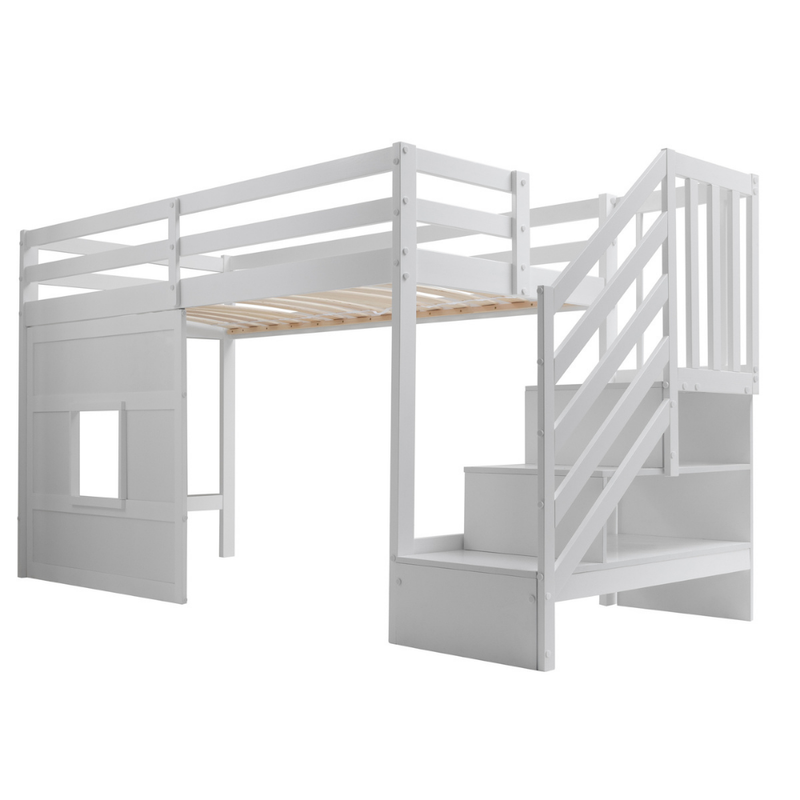 Kasja Staircase Midsleeper Cabin Bed with Window in Classic White