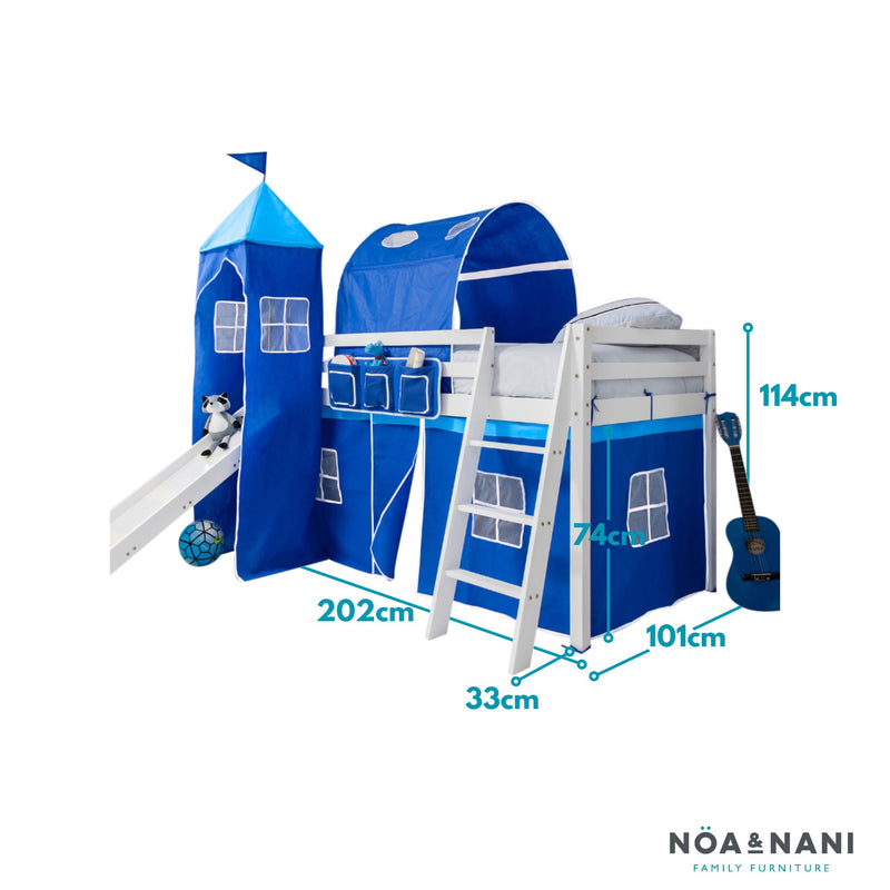 Moro Cabin Bed with Slide and Brilliant Blue Cotton Tent, Tower & Tunnel in White