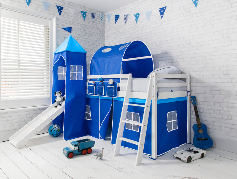 Moro Cabin Bed with Slide and Brilliant Blue Cotton Tent, Tower & Tunnel in White