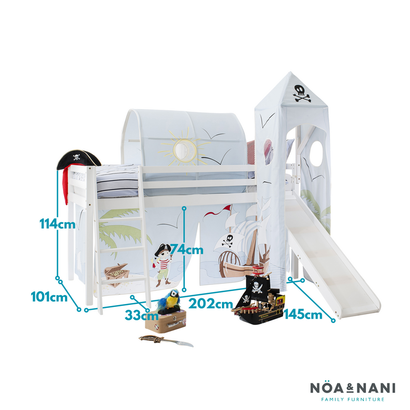Moro Cabin Bed Midsleeper with Slide & Pirate Pete Package in Classic White