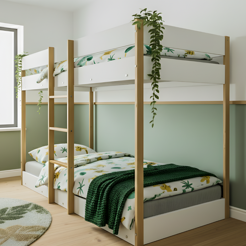 Svea Bunk Bed with Straight Ladder in Classic White & Pine