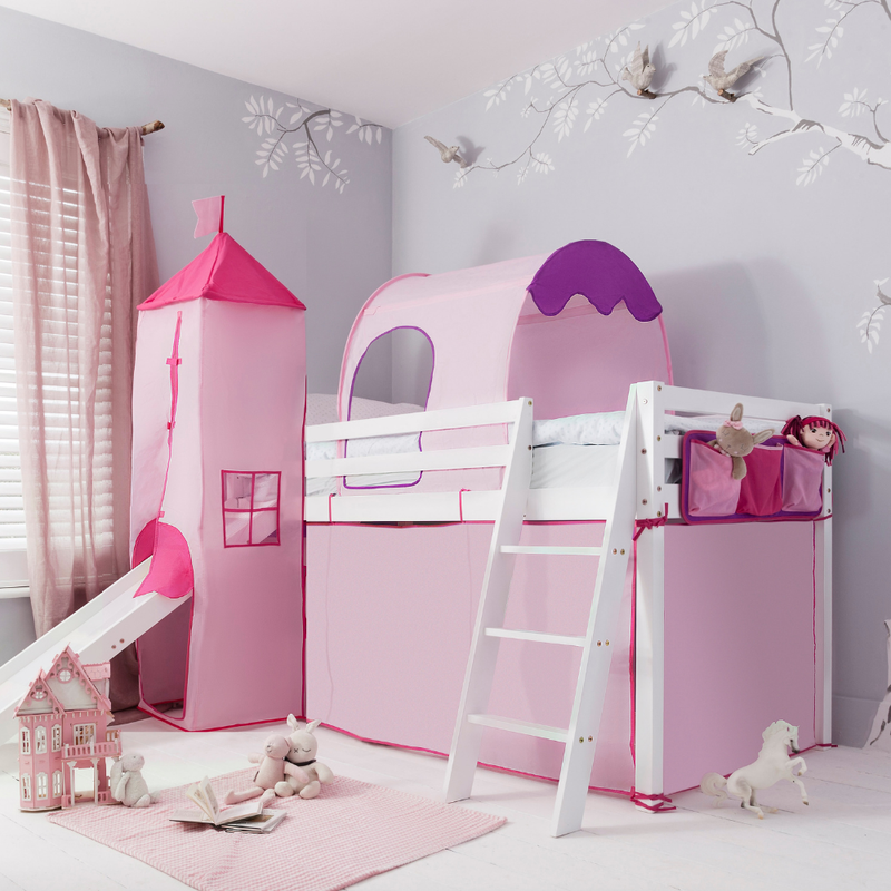 Moro Cabin Bed Midsleeper with Pink Package & Slide in Classic White