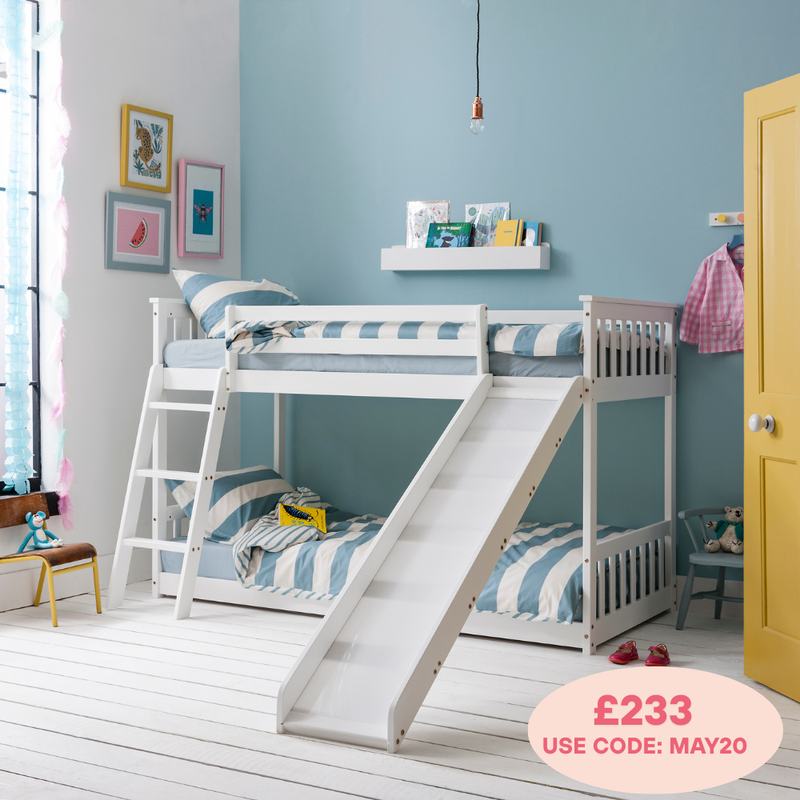 Tuva Low Cabin Bed with Bunk Underbed, Play Area & Slide in Classic White