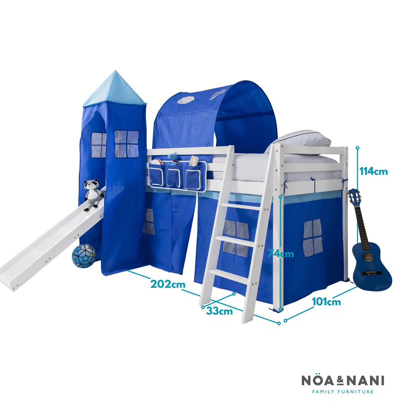 Moro Cabin Bed Midsleeper with Slide & Blue NW Package in Classic White