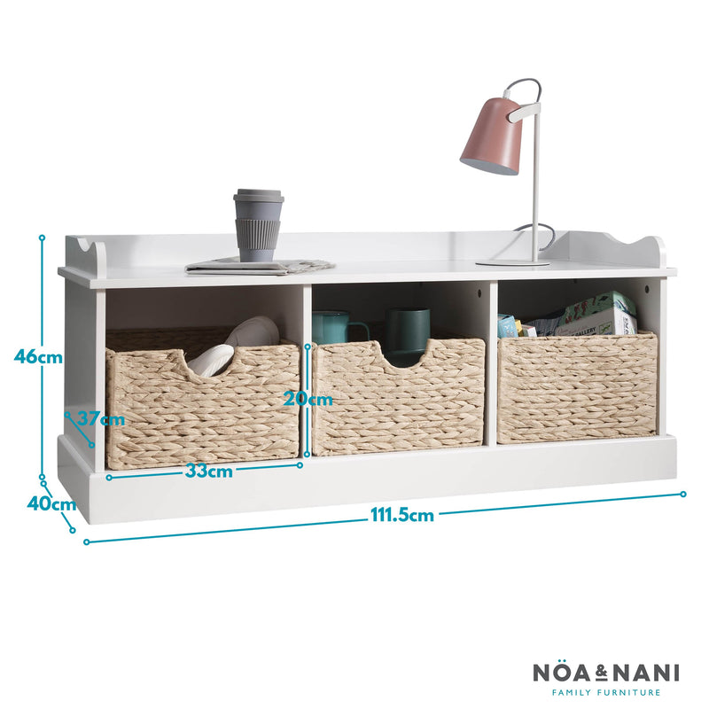 Stockholm Storage Bench with 3 Brown Baskets in Classic White