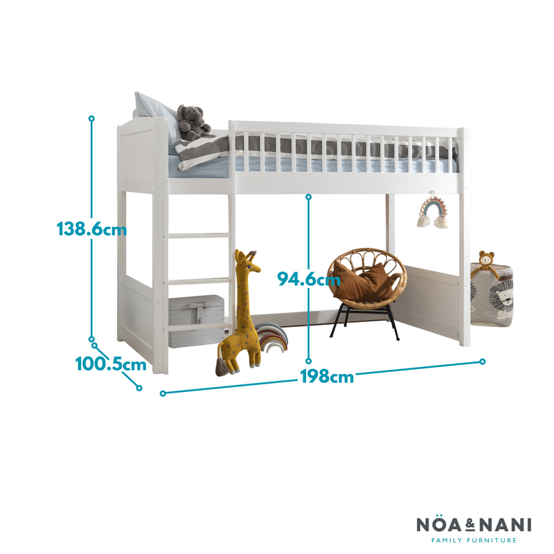 Lottie Midsleeper Cabin Bed with Straight Ladder in Classic White