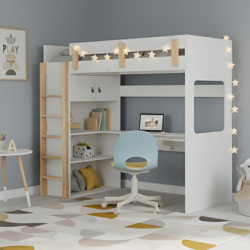 Nells High Sleeper Cabin Bed with Built in Desk and Storage in Classic White