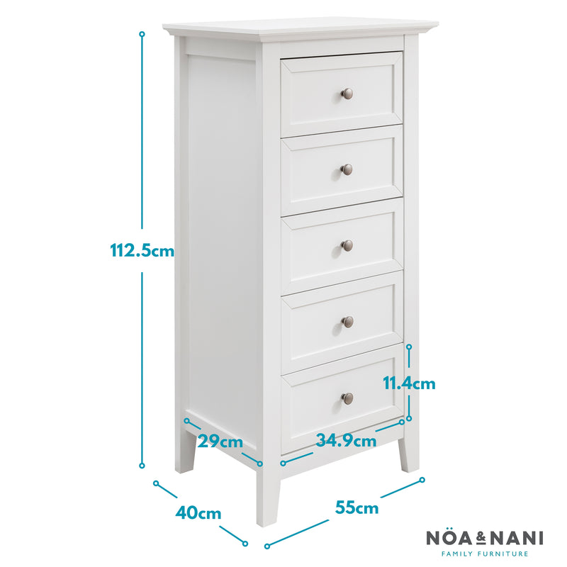 Karlstad Chest of Drawers 5 Drawer Tall in Classic White
