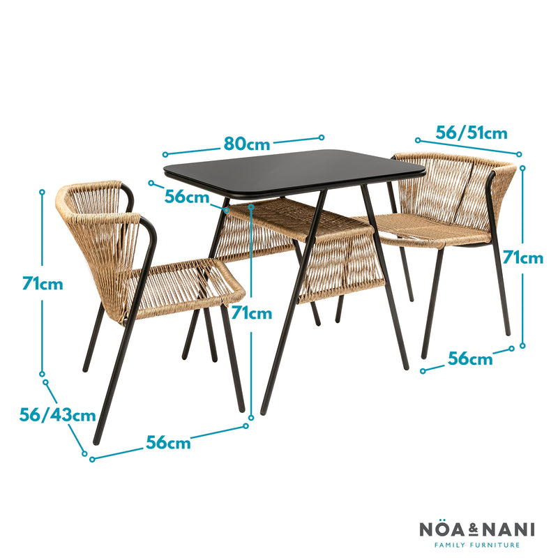 Kaia Garden Bistro Table & 2 Chairs in Black & Rattan