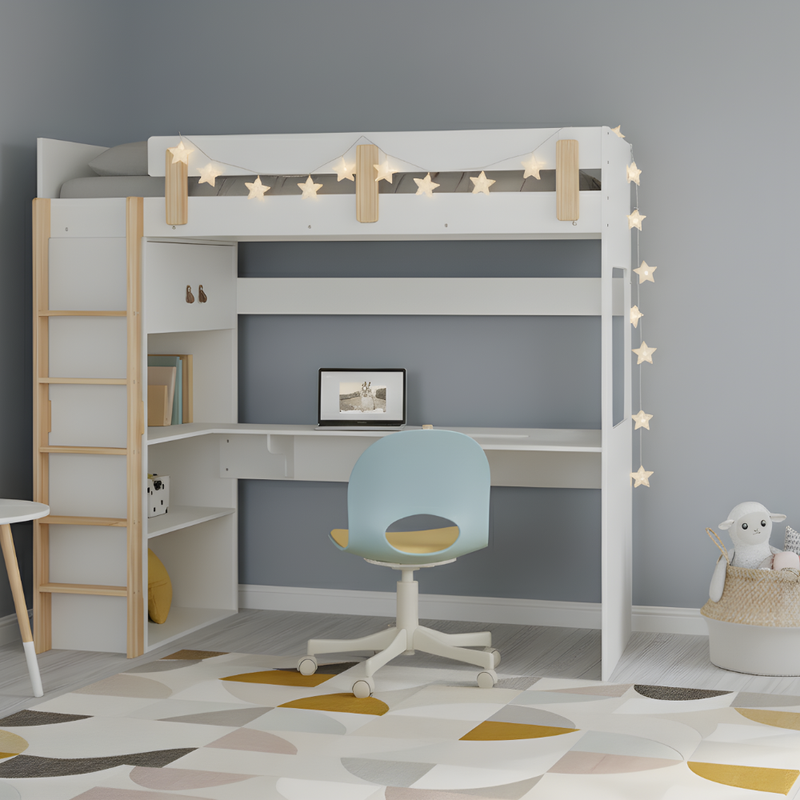 Nells High Sleeper Cabin Bed with Built in Desk and Storage in Classic White