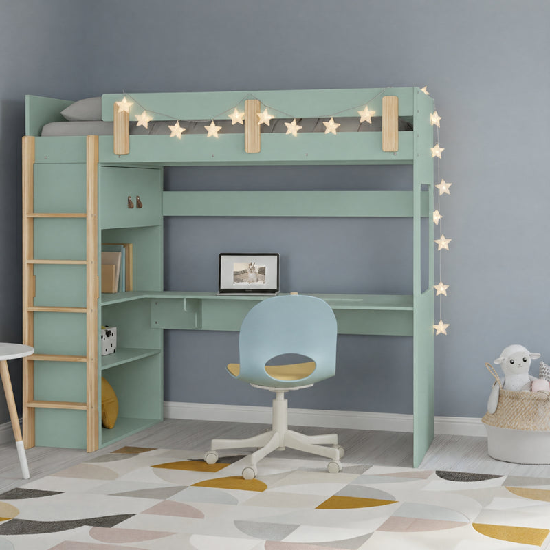 Nells High Sleeper Cabin Bed with Built in Desk and Storage in Sage Green