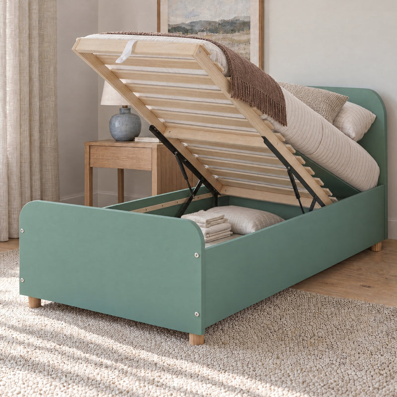 Agnes Single Gas Lift Ottoman Bed with Storage in Green