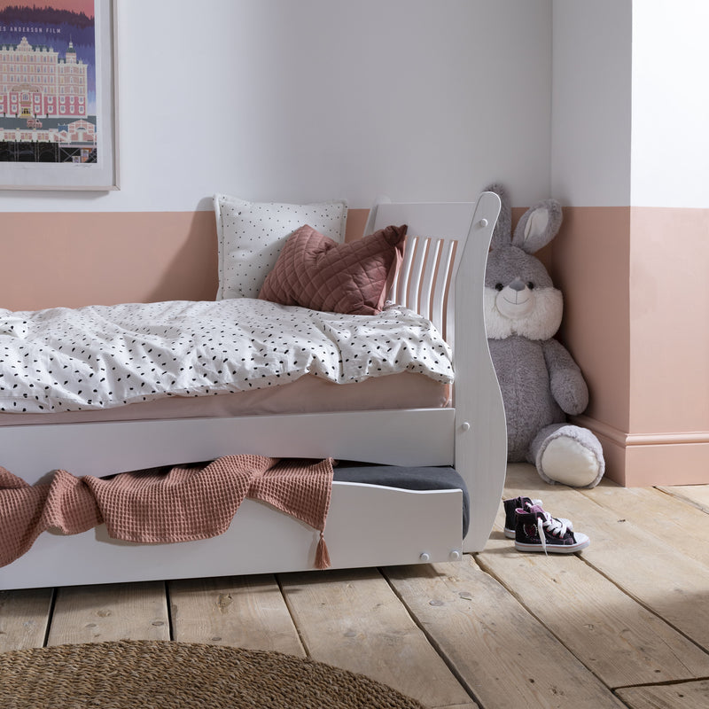 Astrid Single Sleigh Bed with Pullout Trundle in White