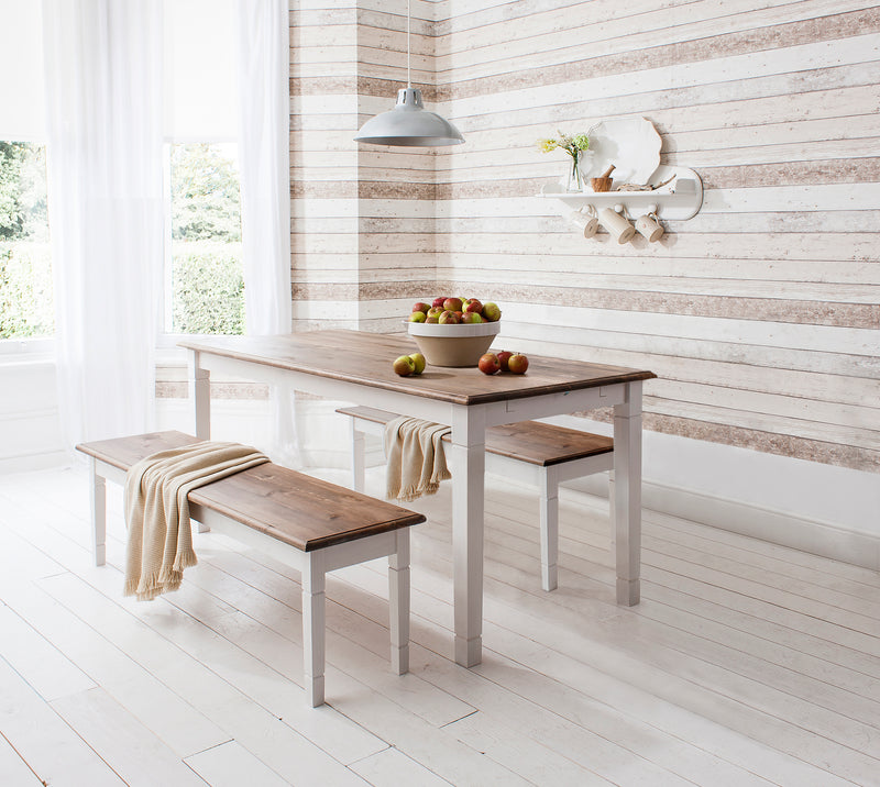 Canterbury 180cm Dining Table and 2 Benches in White & Dark Pine