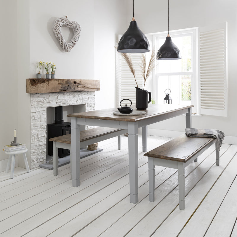 Canterbury 140cm Dining Table and 2 Benches in Grey & Pine