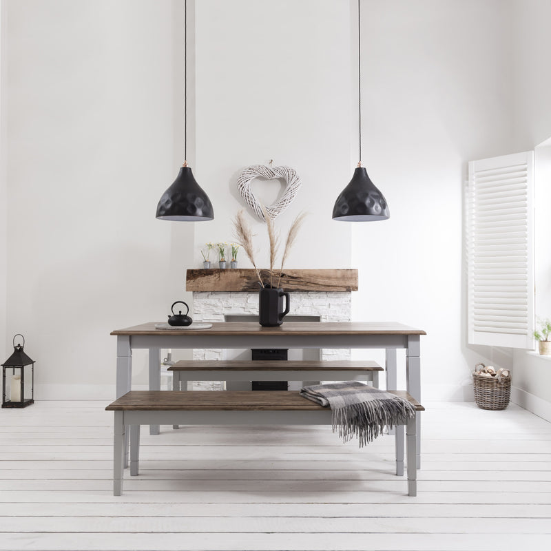 Canterbury 180cm Dining Table with 2 Benches in Silk Grey and Dark Pine