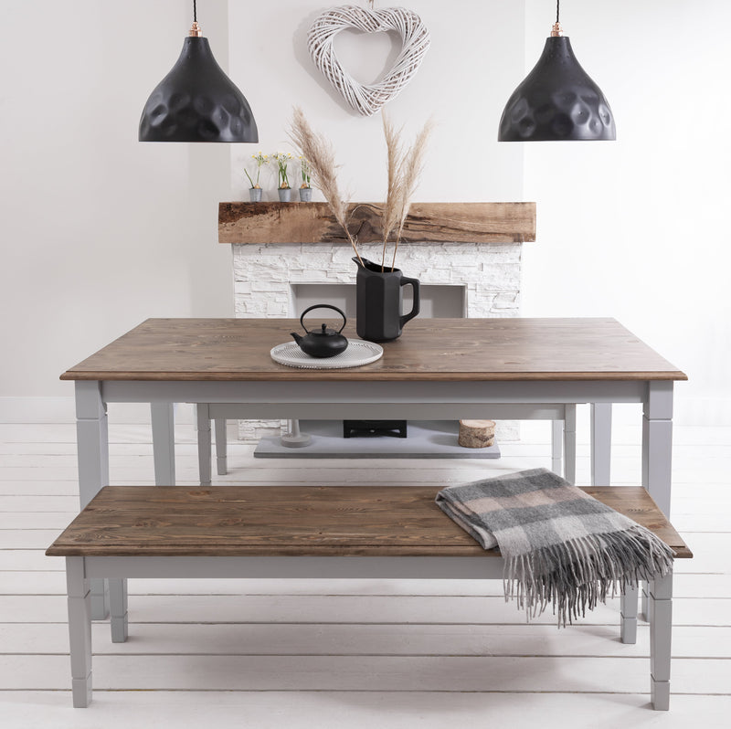 Canterbury 180cm Dining Table with 2 Benches in Silk Grey and Dark Pine