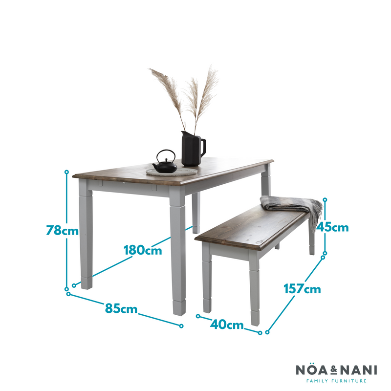 Canterbury 180cm Dining Table with 2 Benches in Silk Grey and Dark Pine