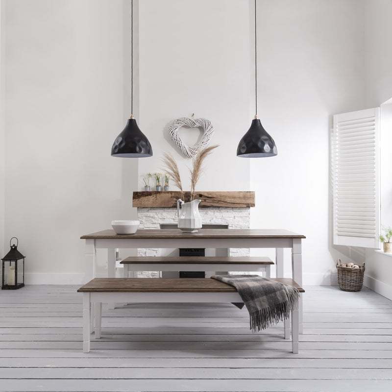 Canterbury 180cm Dining Table, 2 Benches & 2 Extensions in White & Dark Pine