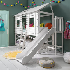 Christopher Treehouse Midsleeper Bed with Slide and Hans Roll-up Windows in Classic White