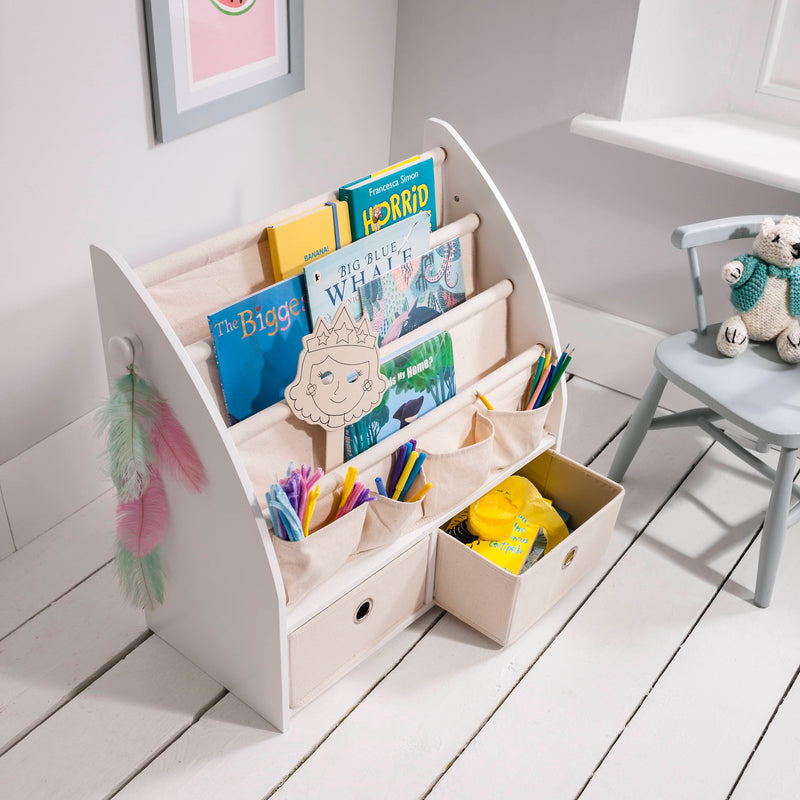 Eldrid Book Storage Organiser with Pull out Cloth Drawers in White