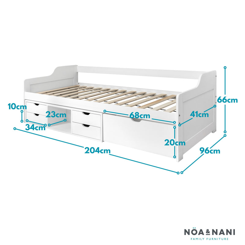 Eva Day Bed with Pull out Drawers and Shelves in Classic White