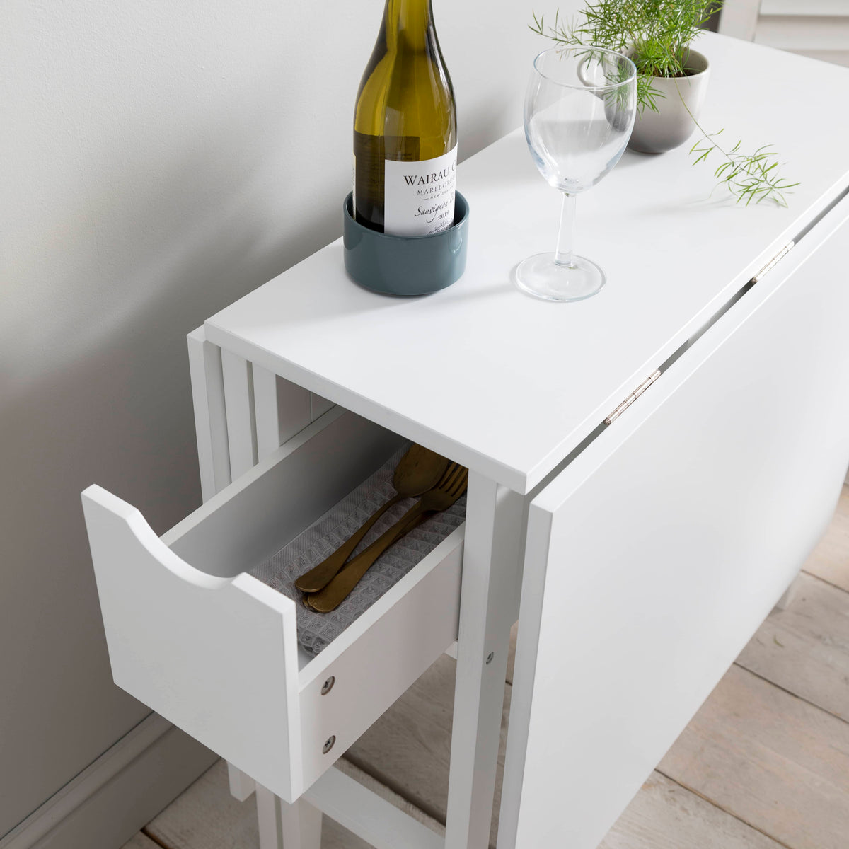Gustav Folding Dining Table with Drawer in Classic White: Space-Saving Elegance for Modern Homes