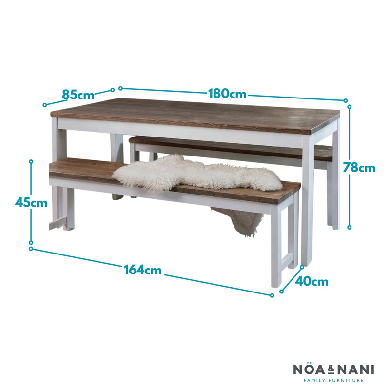 Hever Dining Table with 2 Benches in White & Dark Pine