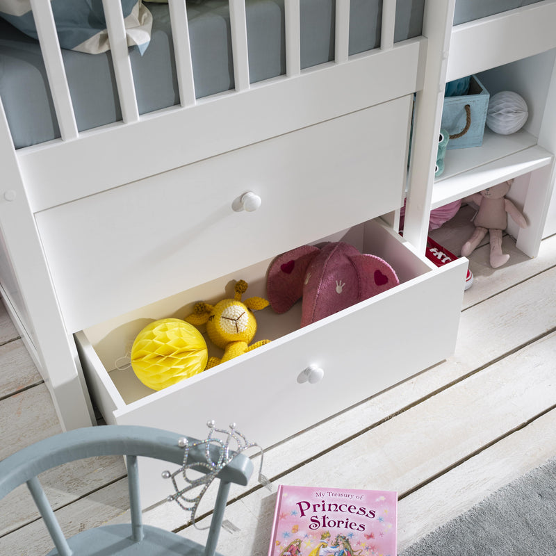 Petra Midsleeper Cabin Bed with Underbed Storage Drawers in Classic White