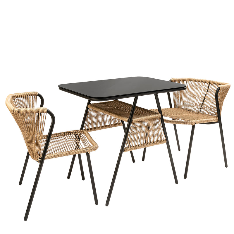 Kaia Garden Bistro Table & 2 Chairs in Black & Rattan