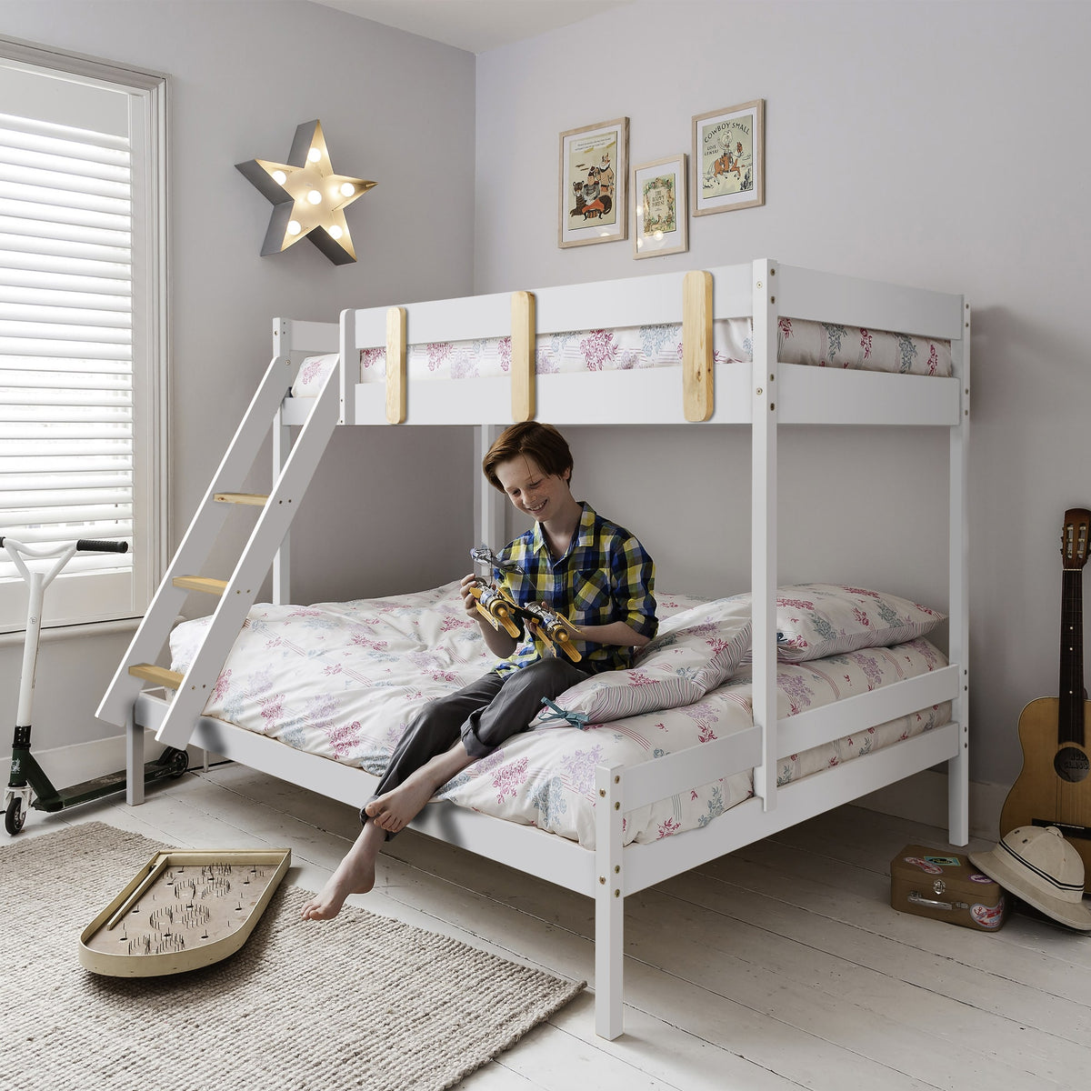 Una Triple Bunk Bed with Single and Double Bed in White & Pine | Noa & Nani