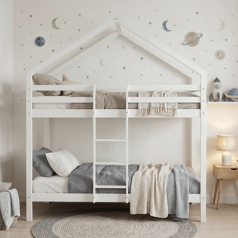 White children's bunk bed in a room with space-themed wall decor.