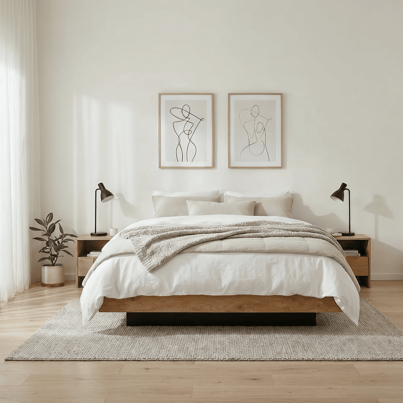 Modern bedroom with wooden bed, white bedding, and abstract wall art.