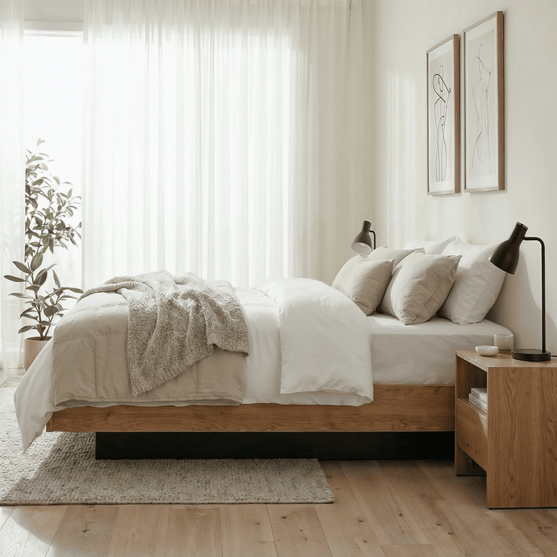 Neatly made bed in a bright bedroom with wooden nightstands and decor.