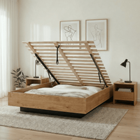 Wooden bed frame with storage compartments in a bedroom setting.