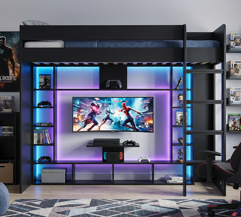 Leo High Sleeper Cabin Bed Gaming Den with Storage in Black