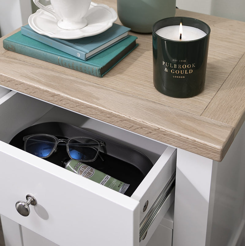 Leines 3 Drawer Bedside Chest in Classic White & Oak