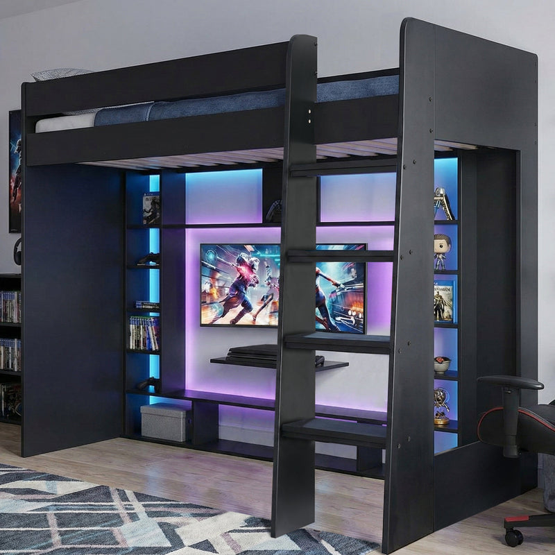 Leo High Sleeper Cabin Bed Gaming Den with Storage in Black