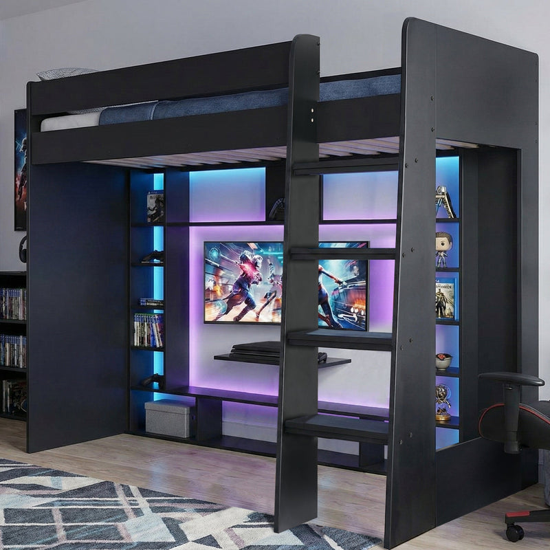 Leo High Sleeper Cabin Bed Gaming Den with Storage in Black