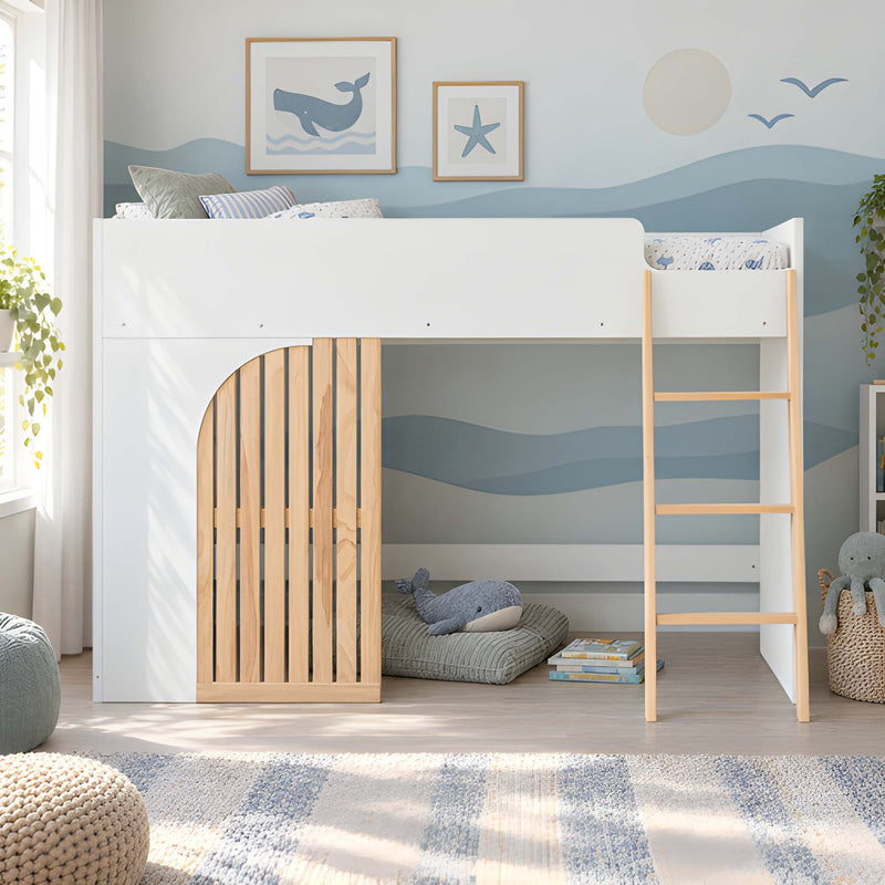 Lumi Midsleeper Cabin Bed with Built in Storage in Classic White & Natural Pine