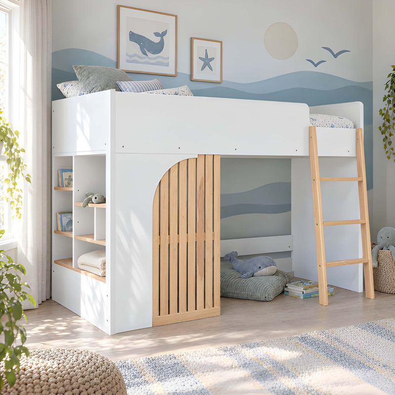 Lumi Midsleeper Cabin Bed with Built in Storage in Classic White & Natural Pine