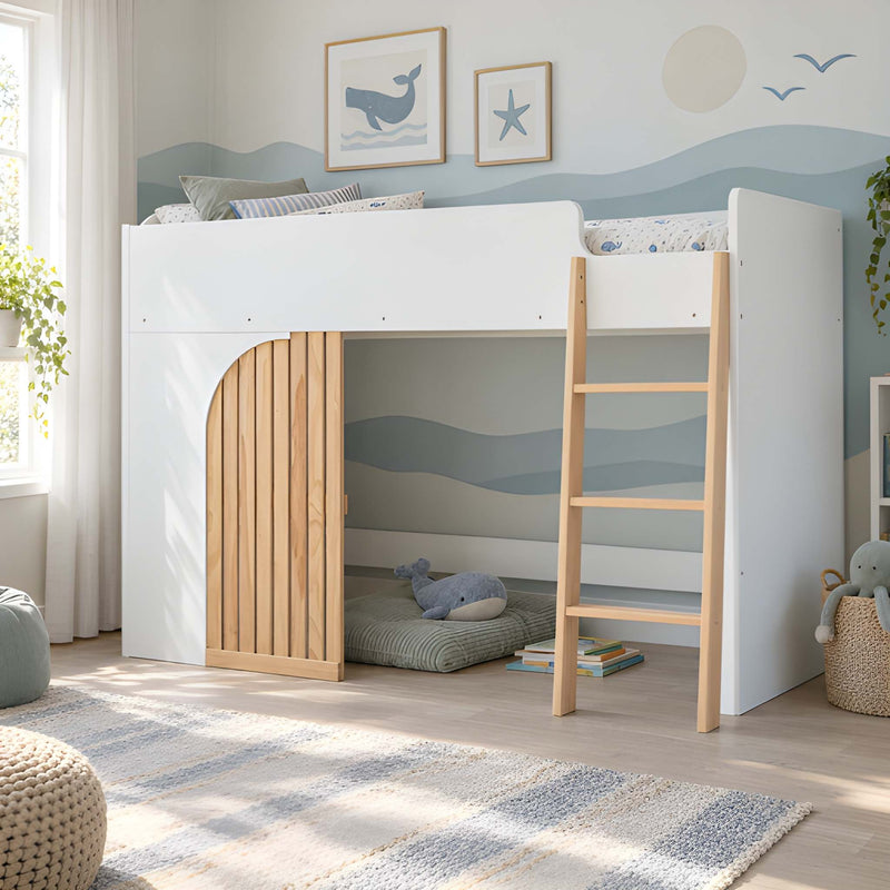 Lumi Midsleeper Cabin Bed with Built in Storage in Classic White & Natural Pine