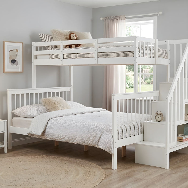 Mila Triple Bunk Bed with Storage Staircase in White