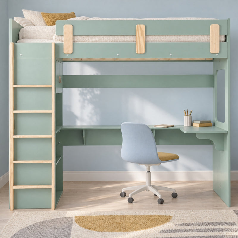 Nells High Sleeper Cabin Bed with Built in Desk and Storage in Green