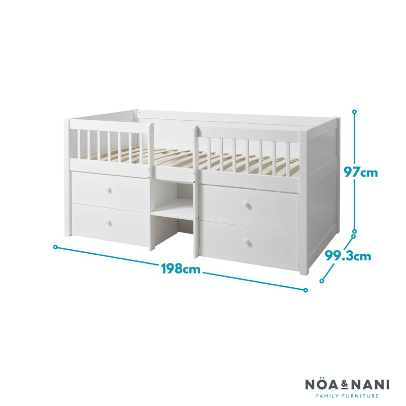 Petra Midsleeper Cabin Bed with Underbed Storage Drawers in Classic White
