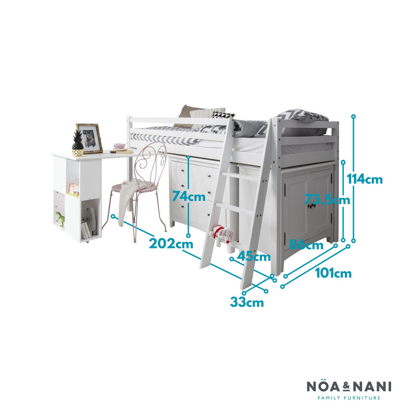 Moro Sleepstation with Chest of Drawers, Cabinet & Oliver Desk in Classic White